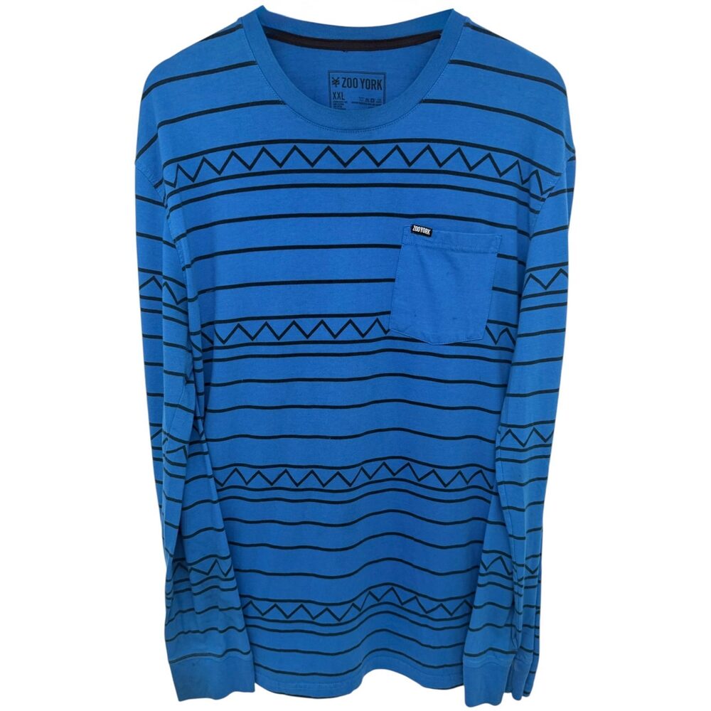 Zoo York Blue Chest Pocket Striped Rugby Crewneck T-Shirt Cotton Men's 2XL